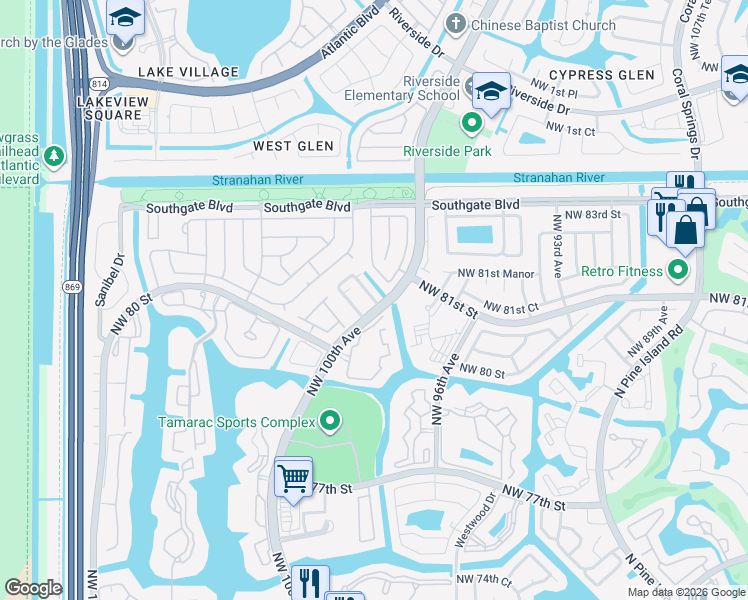 map of restaurants, bars, coffee shops, grocery stores, and more near 8070 North Nob Hill Road in Tamarac