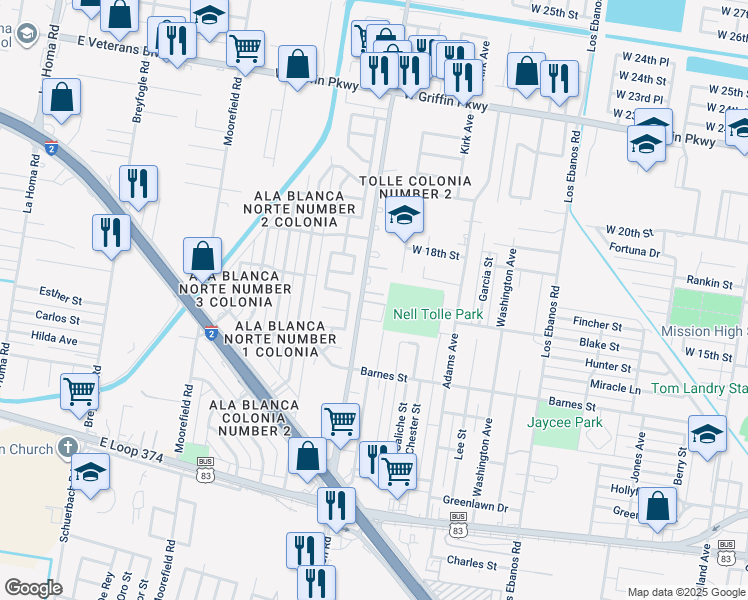 map of restaurants, bars, coffee shops, grocery stores, and more near 1600 North Inspiration Road in Mission