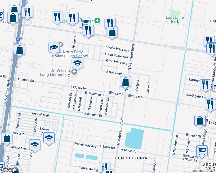 map of restaurants, bars, coffee shops, grocery stores, and more near 3709 North Mezcal Drive in Pharr