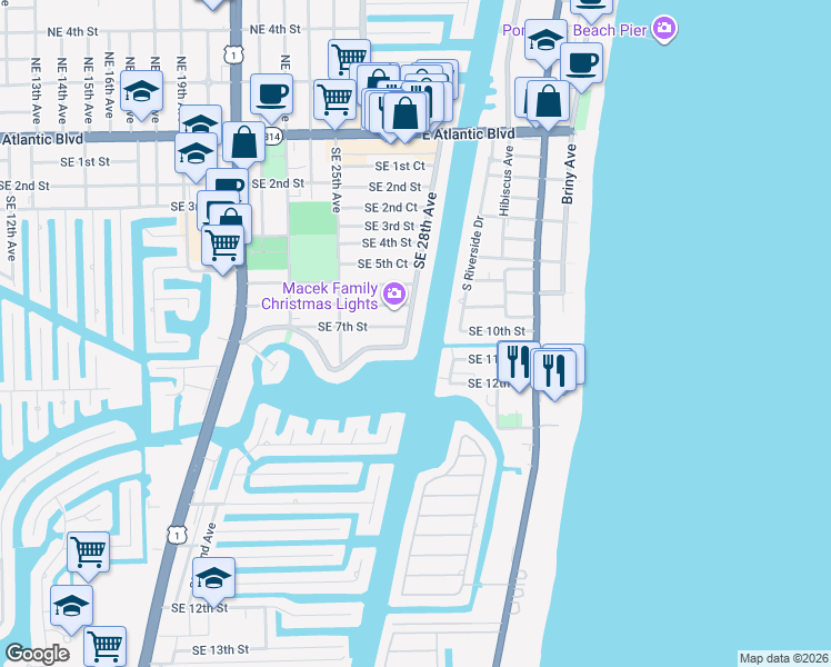 map of restaurants, bars, coffee shops, grocery stores, and more near 704 Southeast 28th Avenue in Pompano Beach