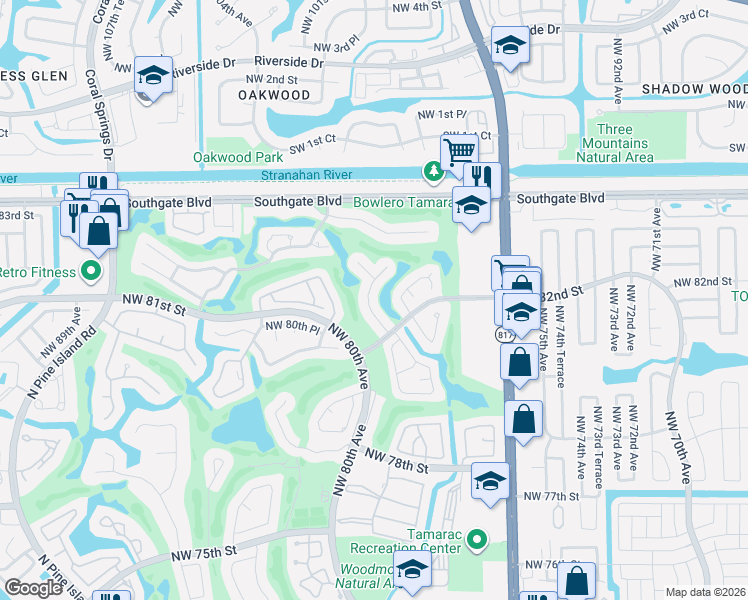 map of restaurants, bars, coffee shops, grocery stores, and more near 10011 South Nob Hill Circle in Tamarac