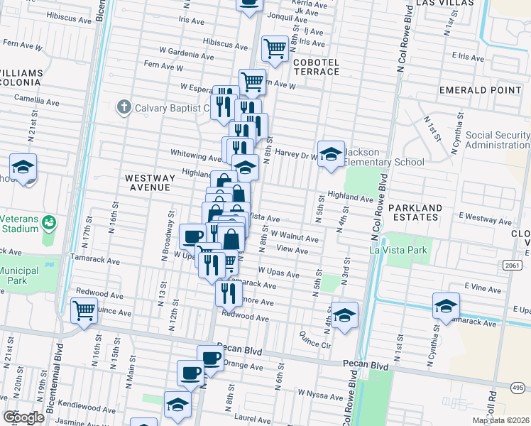 map of restaurants, bars, coffee shops, grocery stores, and more near 807 La Vista Avenue in McAllen