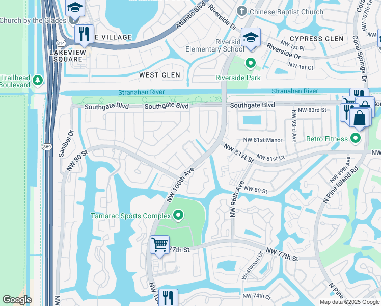 map of restaurants, bars, coffee shops, grocery stores, and more near 10017 South Nob Hill Circle in Tamarac