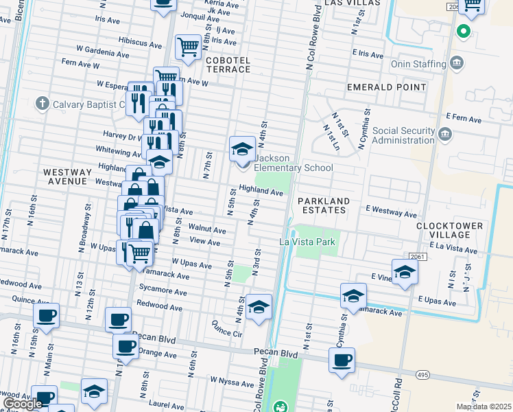 map of restaurants, bars, coffee shops, grocery stores, and more near 2501 North 4th Street in McAllen