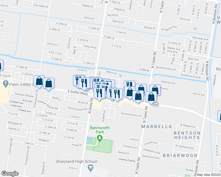 map of restaurants, bars, coffee shops, grocery stores, and more near 2415 Mimosa Street in Mission