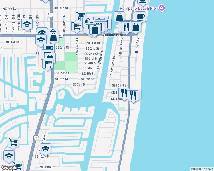 map of restaurants, bars, coffee shops, grocery stores, and more near 1051 South Riverside Drive in Pompano Beach