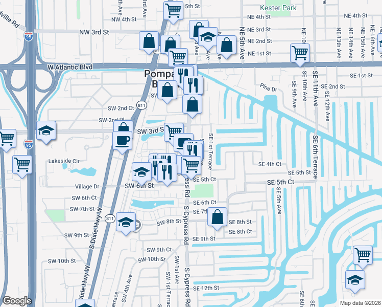 map of restaurants, bars, coffee shops, grocery stores, and more near 421 Southeast 1st Avenue in Pompano Beach