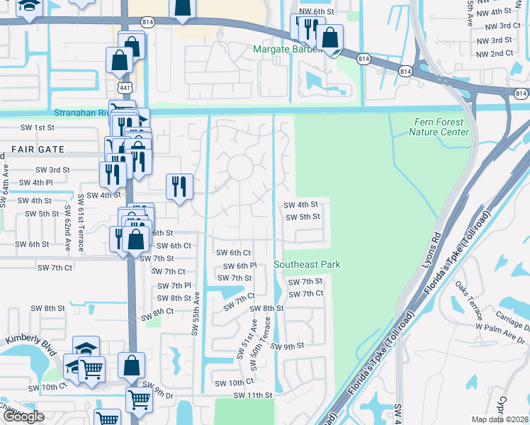 map of restaurants, bars, coffee shops, grocery stores, and more near 74 South Cortez Drive in Margate