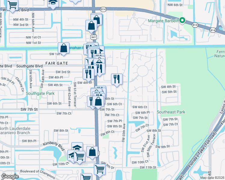 map of restaurants, bars, coffee shops, grocery stores, and more near 530 Princess Drive in Margate