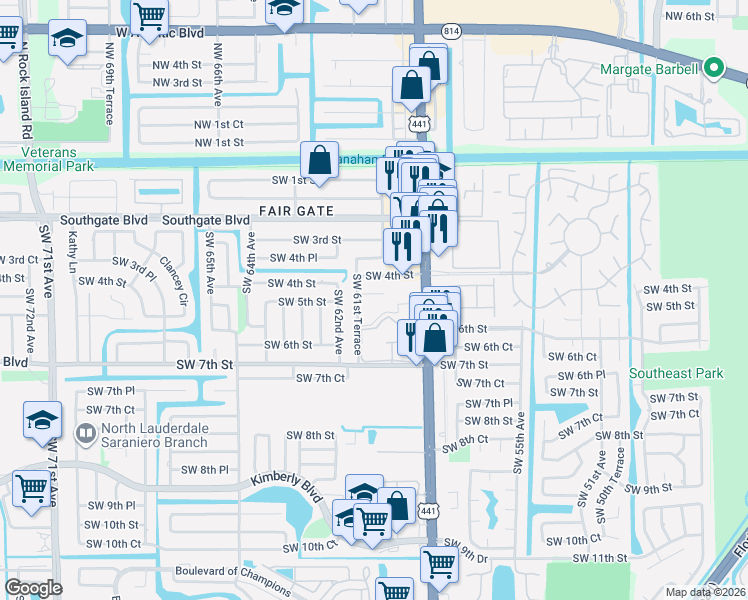 map of restaurants, bars, coffee shops, grocery stores, and more near 6161 Southwest 6th Street in Margate