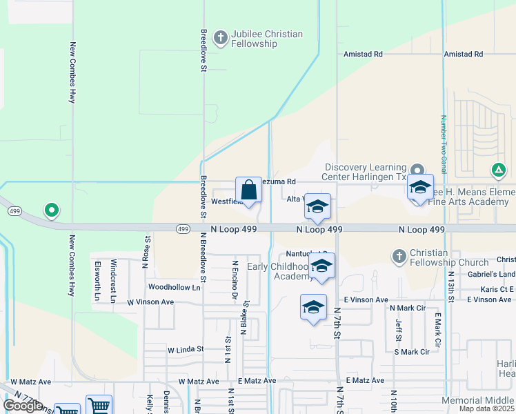 map of restaurants, bars, coffee shops, grocery stores, and more near 513 Highway 499 Loop in Harlingen