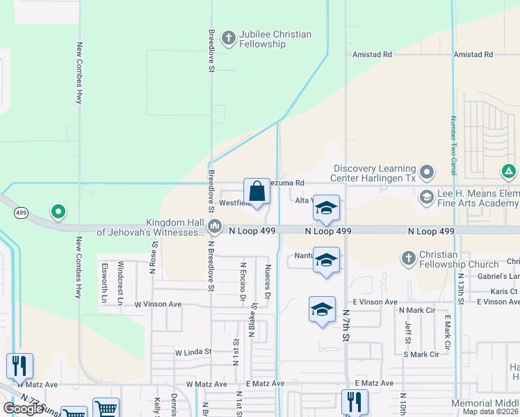 map of restaurants, bars, coffee shops, grocery stores, and more near 301 Texas 499 Loop in Harlingen