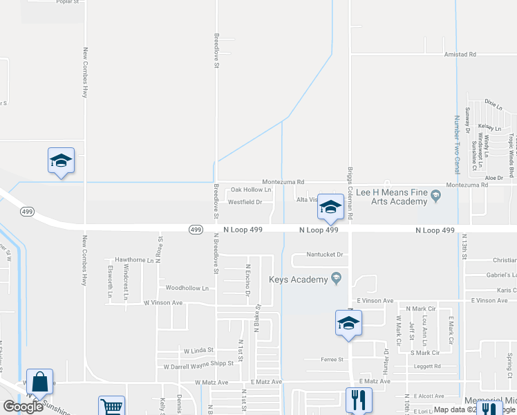 map of restaurants, bars, coffee shops, grocery stores, and more near 301 Texas 499 Loop in Harlingen