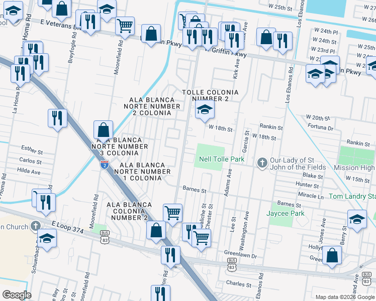 map of restaurants, bars, coffee shops, grocery stores, and more near 1604 North Inspiration Road in Mission