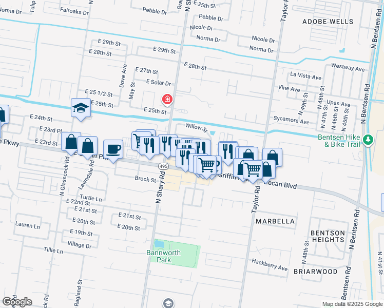 map of restaurants, bars, coffee shops, grocery stores, and more near 2412 Mimosa Street in Mission