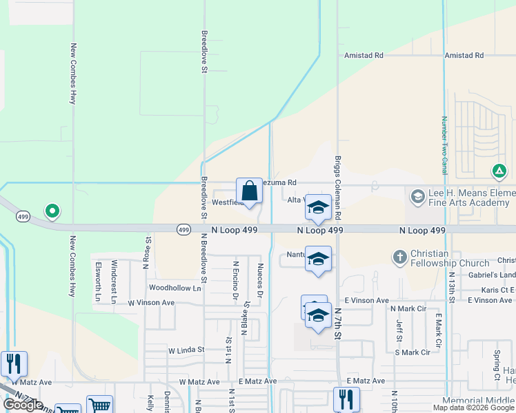 map of restaurants, bars, coffee shops, grocery stores, and more near 513 Highway 499 Loop in Harlingen