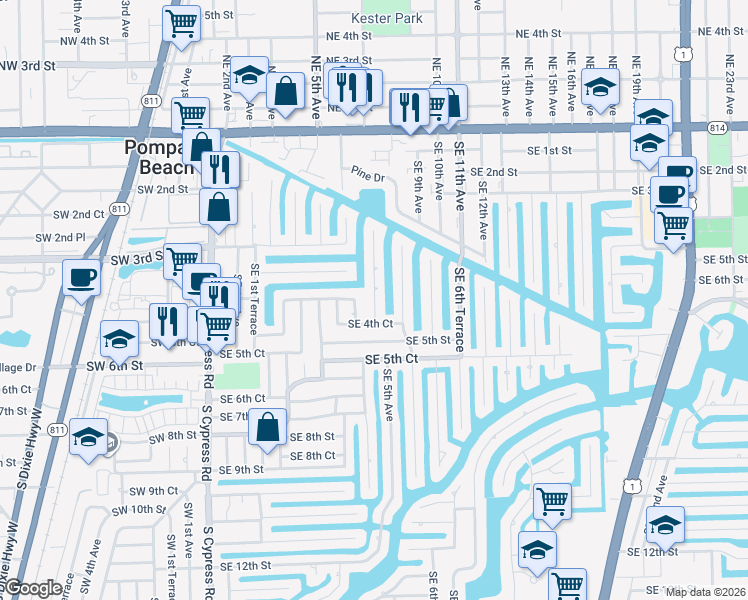 map of restaurants, bars, coffee shops, grocery stores, and more near 421 Southeast 5th Avenue in Pompano Beach