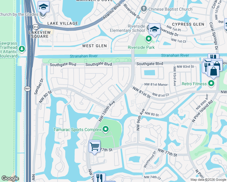 map of restaurants, bars, coffee shops, grocery stores, and more near 10017 South Nob Hill Circle in Tamarac