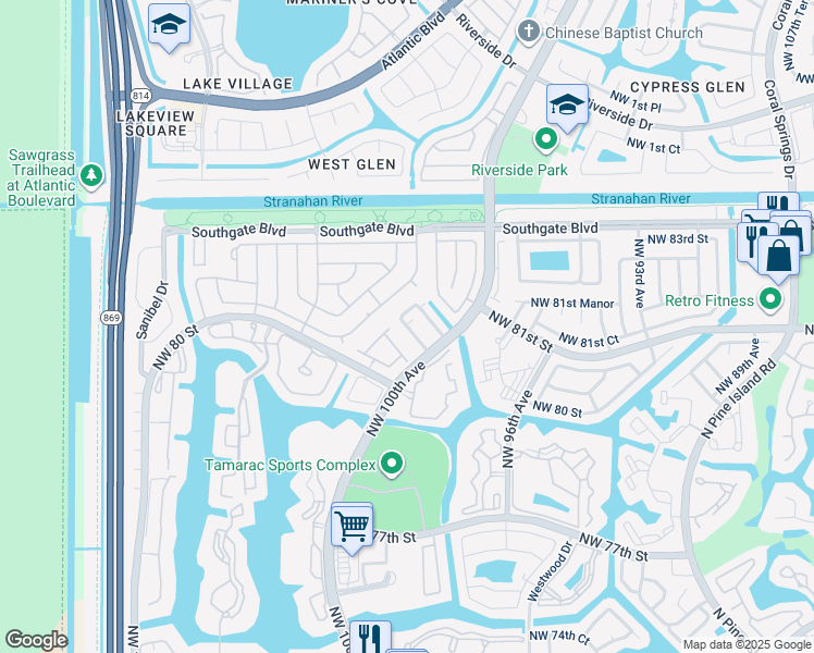 map of restaurants, bars, coffee shops, grocery stores, and more near 10017 South Nob Hill Circle in Tamarac