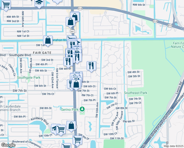 map of restaurants, bars, coffee shops, grocery stores, and more near 530 Princess Drive in Margate