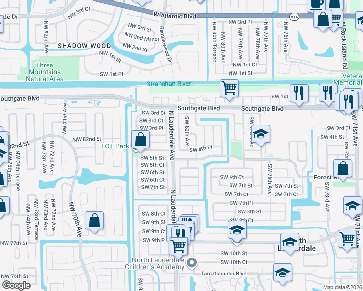 map of restaurants, bars, coffee shops, grocery stores, and more near 8019 Southwest 5th Street in North Lauderdale