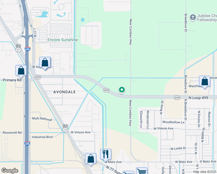 map of restaurants, bars, coffee shops, grocery stores, and more near 1000 Texas 499 Loop in Harlingen