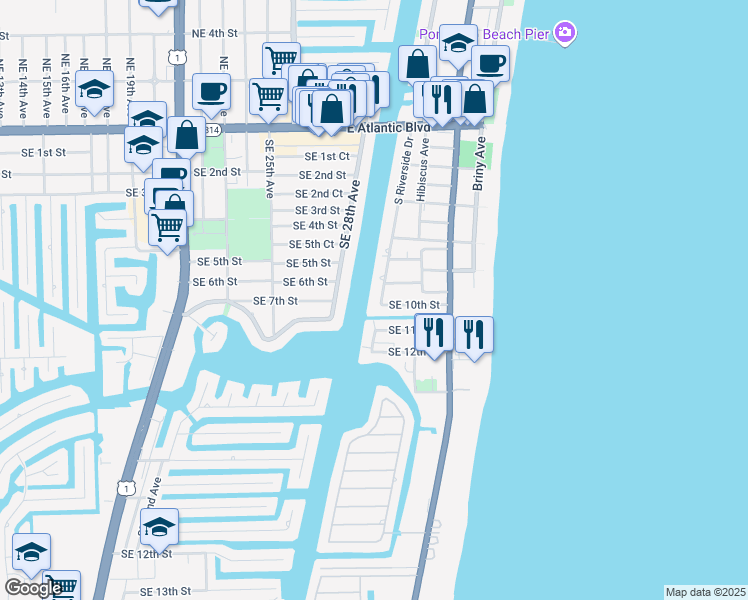 map of restaurants, bars, coffee shops, grocery stores, and more near 1051 South Riverside Drive in Pompano Beach