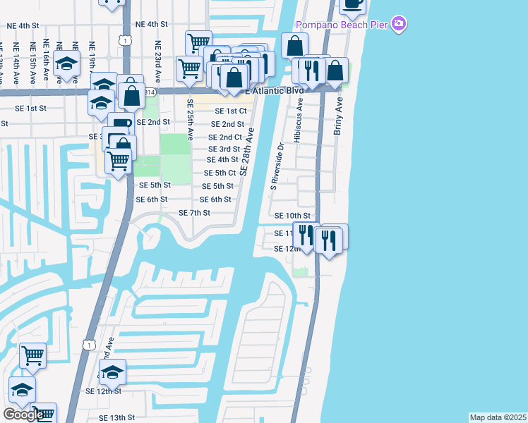map of restaurants, bars, coffee shops, grocery stores, and more near 1051 South Riverside Drive in Pompano Beach