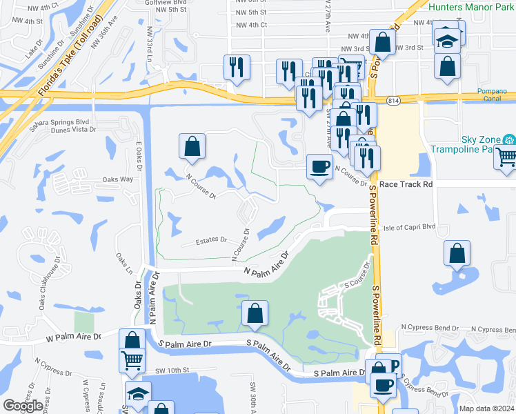 map of restaurants, bars, coffee shops, grocery stores, and more near 3010 North Course Drive in Pompano Beach