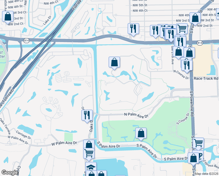 map of restaurants, bars, coffee shops, grocery stores, and more near 3150 North Course Lane in Pompano Beach