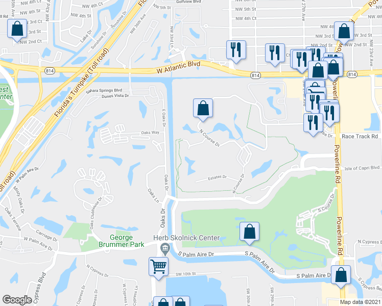 map of restaurants, bars, coffee shops, grocery stores, and more near 3150 North Course Lane in Pompano Beach