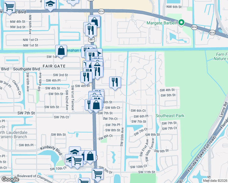 map of restaurants, bars, coffee shops, grocery stores, and more near 530 Princess Drive in Margate