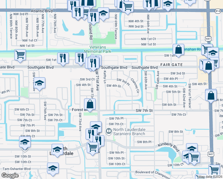 map of restaurants, bars, coffee shops, grocery stores, and more near 6891 Southwest 5th Street in Margate