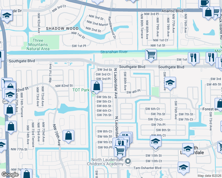 map of restaurants, bars, coffee shops, grocery stores, and more near 8140 Southwest 4th Place in North Lauderdale