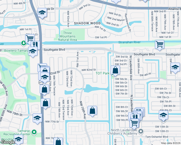 map of restaurants, bars, coffee shops, grocery stores, and more near 6831 Northwest 81st Court in Tamarac