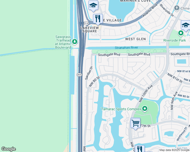 map of restaurants, bars, coffee shops, grocery stores, and more near 7864 Trent Drive in Tamarac
