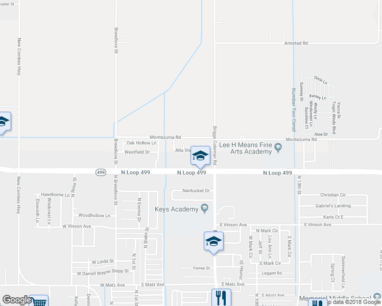 map of restaurants, bars, coffee shops, grocery stores, and more near 513 North Loop 499 in Harlingen
