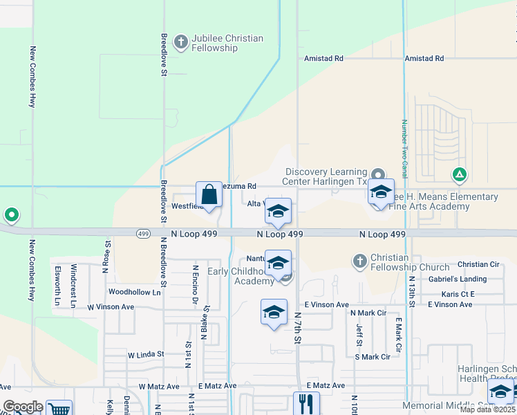 map of restaurants, bars, coffee shops, grocery stores, and more near 513 North Loop 499 in Harlingen