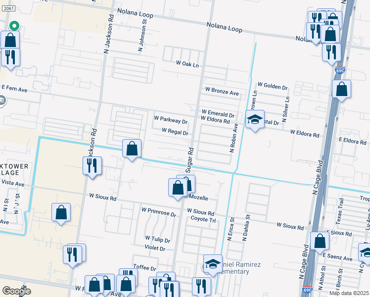map of restaurants, bars, coffee shops, grocery stores, and more near 1200 Humming Bird Court in Pharr