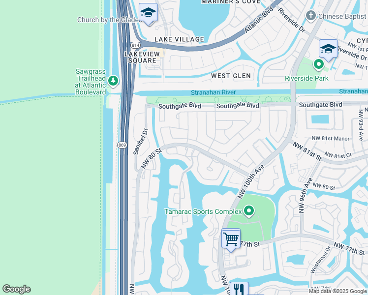 map of restaurants, bars, coffee shops, grocery stores, and more near 7957 Exeter Boulevard West in Tamarac