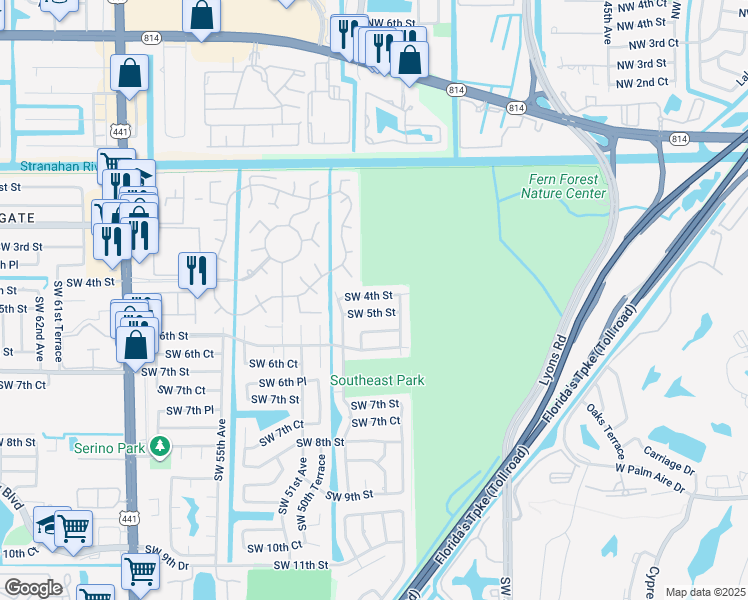map of restaurants, bars, coffee shops, grocery stores, and more near 4972 Southwest 4th Street in Margate