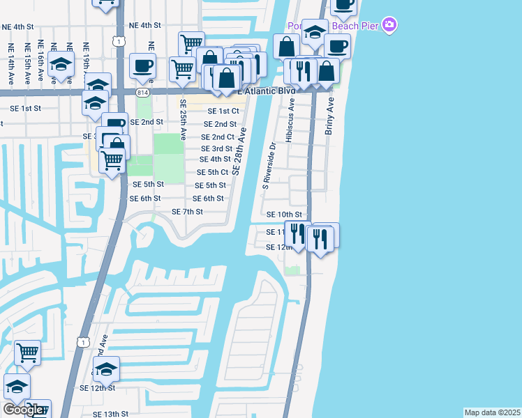 map of restaurants, bars, coffee shops, grocery stores, and more near 3203 Southeast 8th Street in Pompano Beach