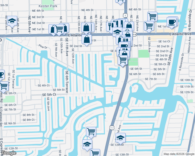 map of restaurants, bars, coffee shops, grocery stores, and more near 451 Southeast 16th Avenue in Pompano Beach