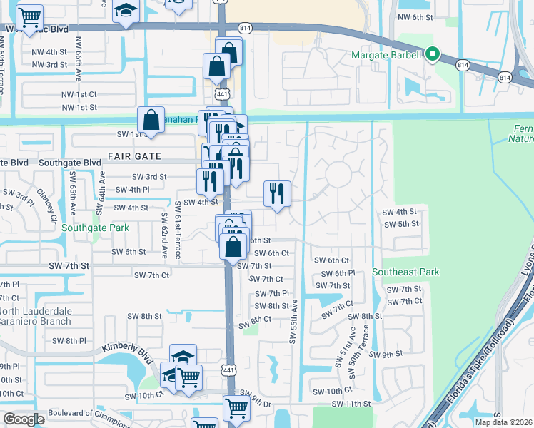 map of restaurants, bars, coffee shops, grocery stores, and more near 5521 Monte Carlo Place in Margate