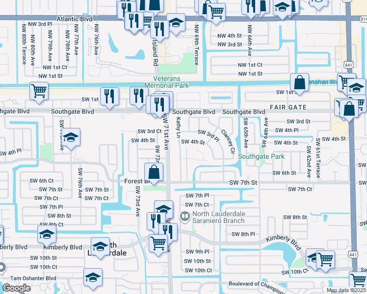 map of restaurants, bars, coffee shops, grocery stores, and more near 6885 Curry Circle in Margate