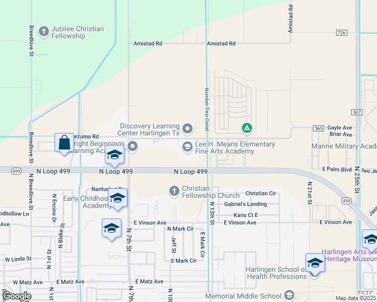 map of restaurants, bars, coffee shops, grocery stores, and more near 20994 Montezuma Road in Harlingen