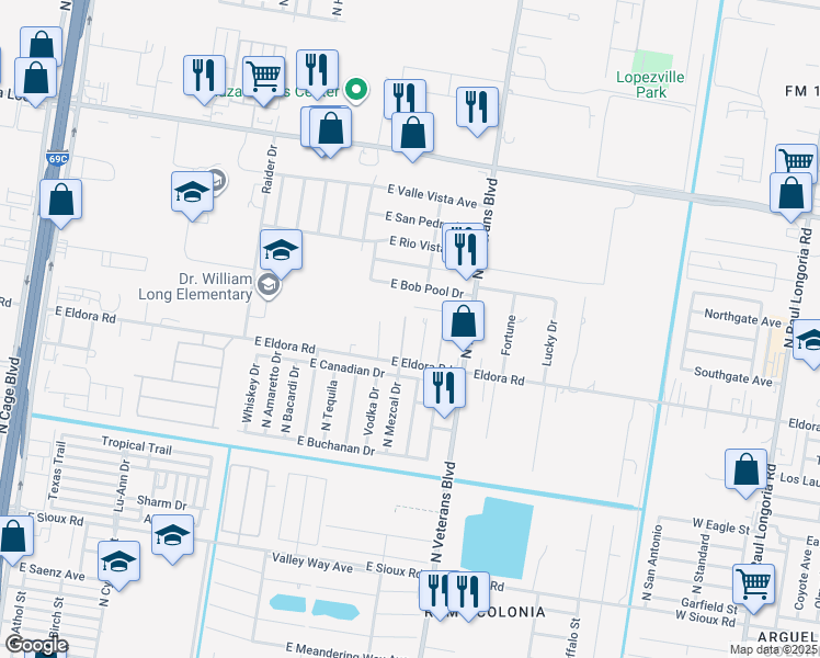 map of restaurants, bars, coffee shops, grocery stores, and more near 1106 East Bob Pool Drive in Pharr