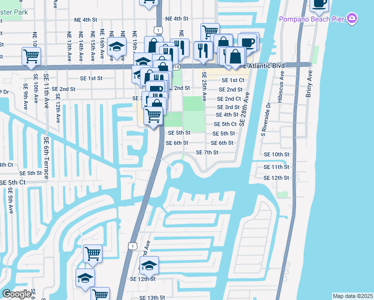 map of restaurants, bars, coffee shops, grocery stores, and more near 2395 Southeast 6th Street in Pompano Beach