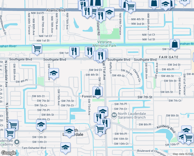 map of restaurants, bars, coffee shops, grocery stores, and more near 7203 Southwest 4th Court in North Lauderdale