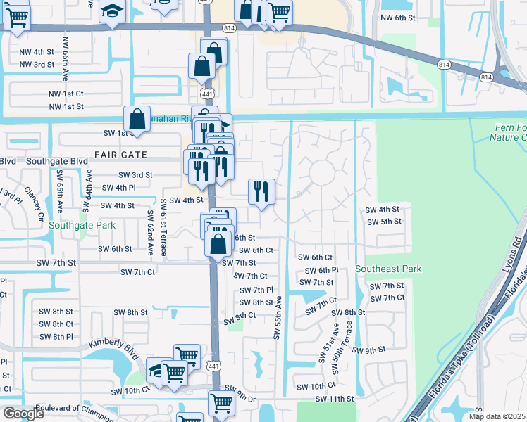 map of restaurants, bars, coffee shops, grocery stores, and more near 5521 Monte Carlo Place in Margate